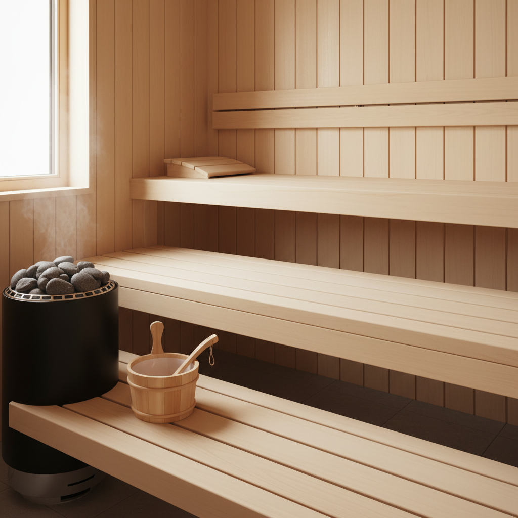 sauna interior showing clean timber benches and properly maintained heater stones