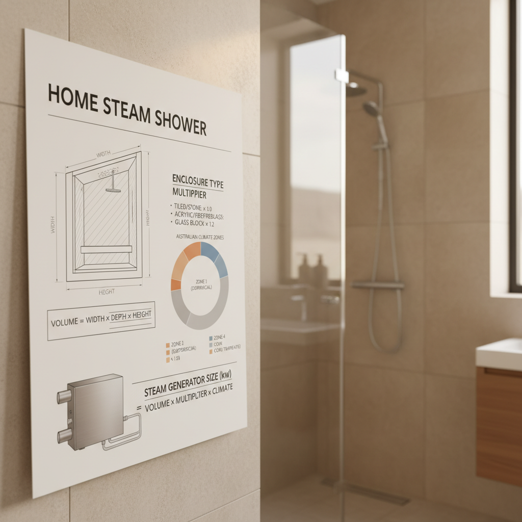 steam generator for home shower sizing diagram showing enclosure volume calculation for Australian bathrooms
