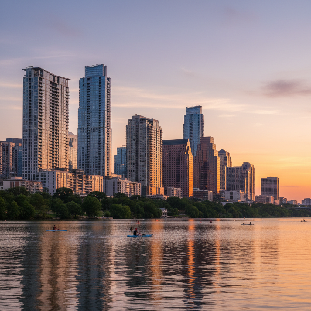 Downtown Austin skyline showing high-rise condo towers along Lady Bird Lake at sunset
