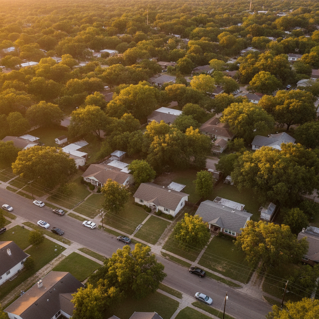 Aerial view of an Austin neighborhood featuring older single-family fixer upper homes with mature trees and larger lots