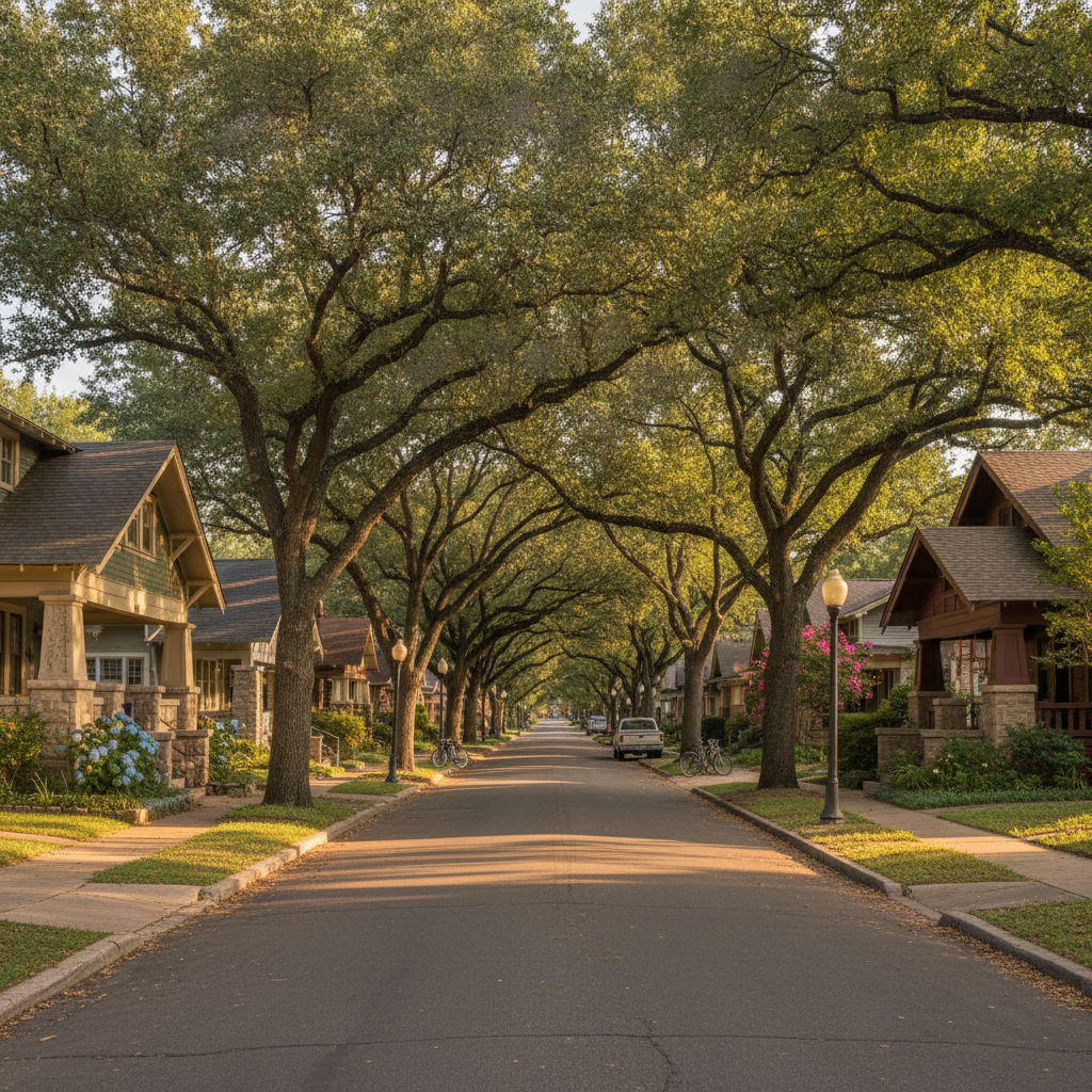Tree-lined street of historic Craftsman bungalows in Hyde Park Austin