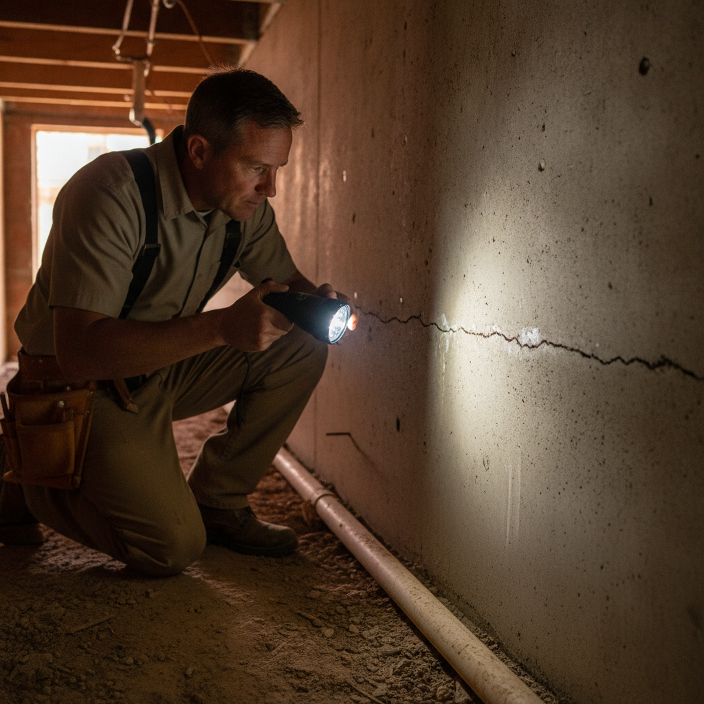 Licensed Austin home inspector examining a foundation crack with a flashlight during property inspection