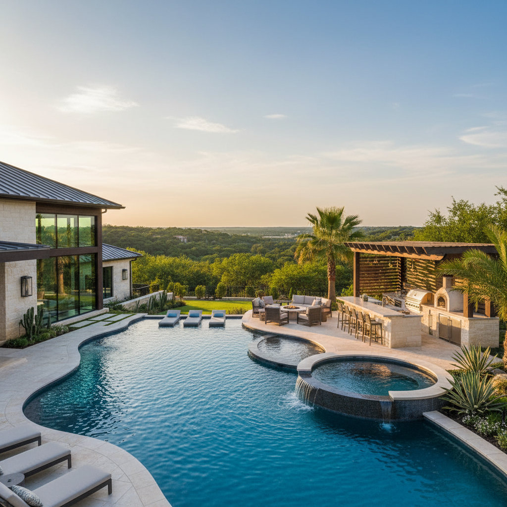 Austin luxury home with resort-style pool and outdoor kitchen in Westlake neighborhood