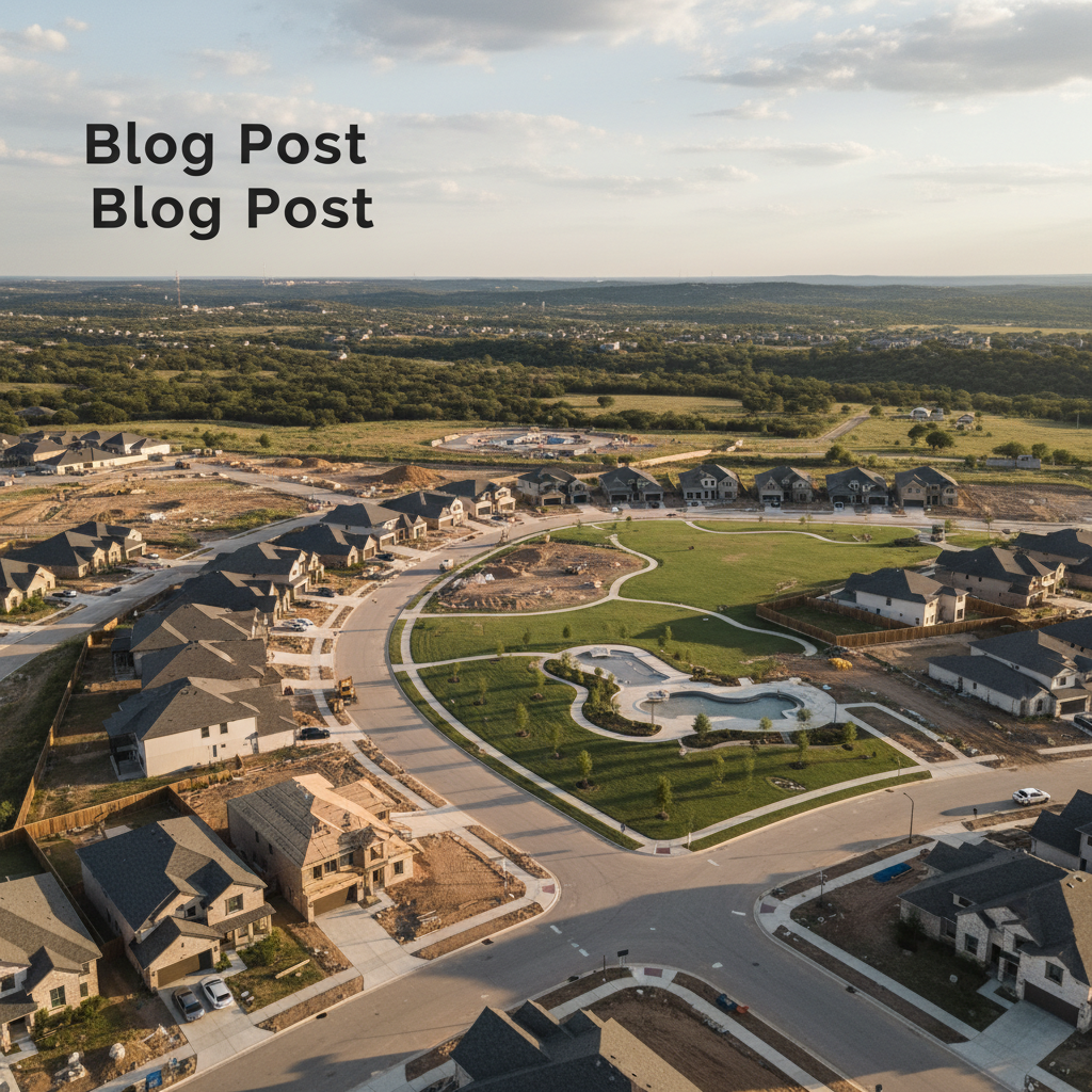 Aerial view of new construction homes under development in an Austin Texas master-planned community