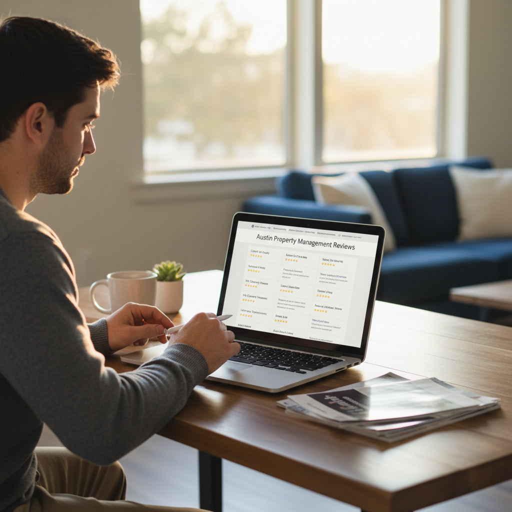 Homeowner comparing Austin property management companies reviews on laptop