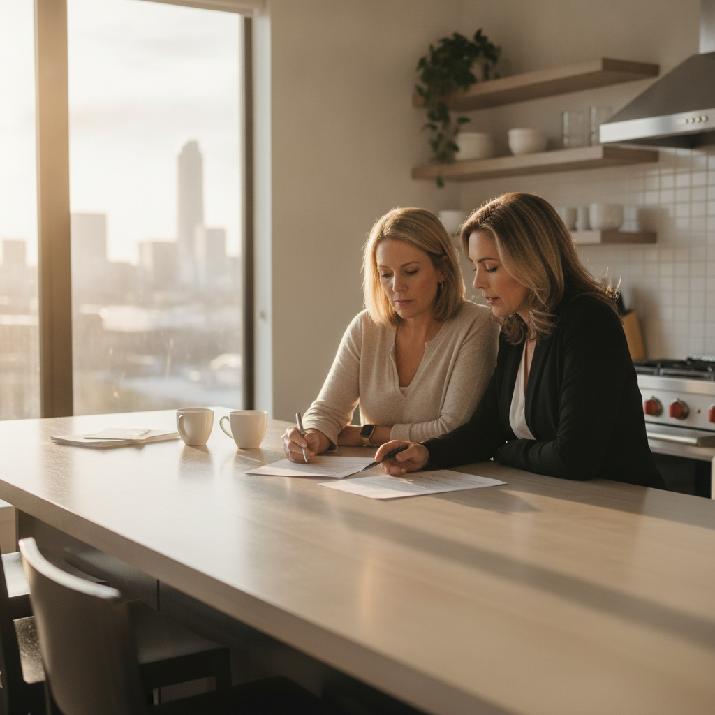 Austin real estate agent reviewing commission agreement with home sellers at kitchen table