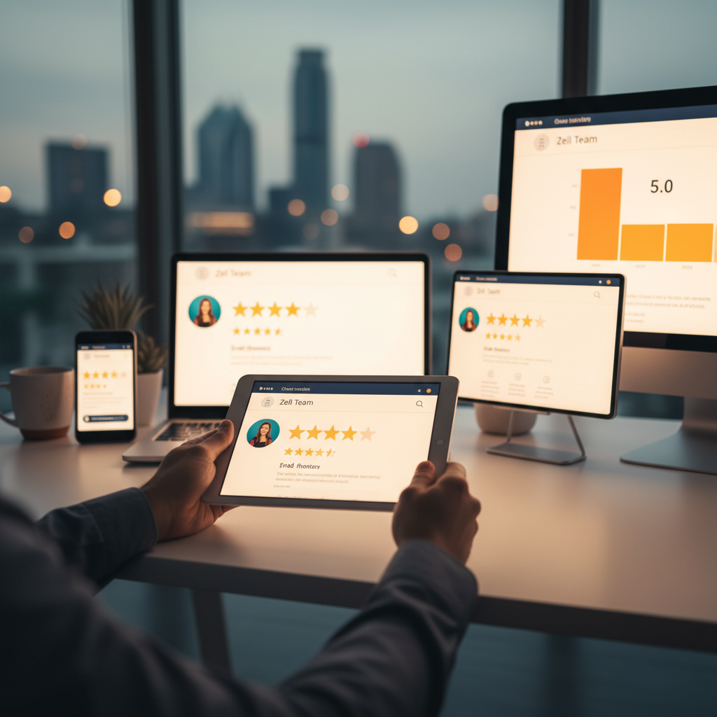 Austin real estate agents reviews on digital platforms showing five-star ratings for Zell Team