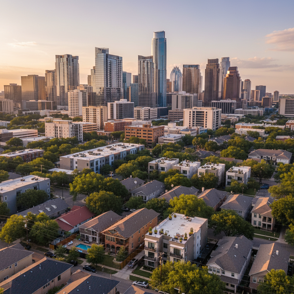 Austin downtown skyline with residential neighborhoods showing short-term rental properties