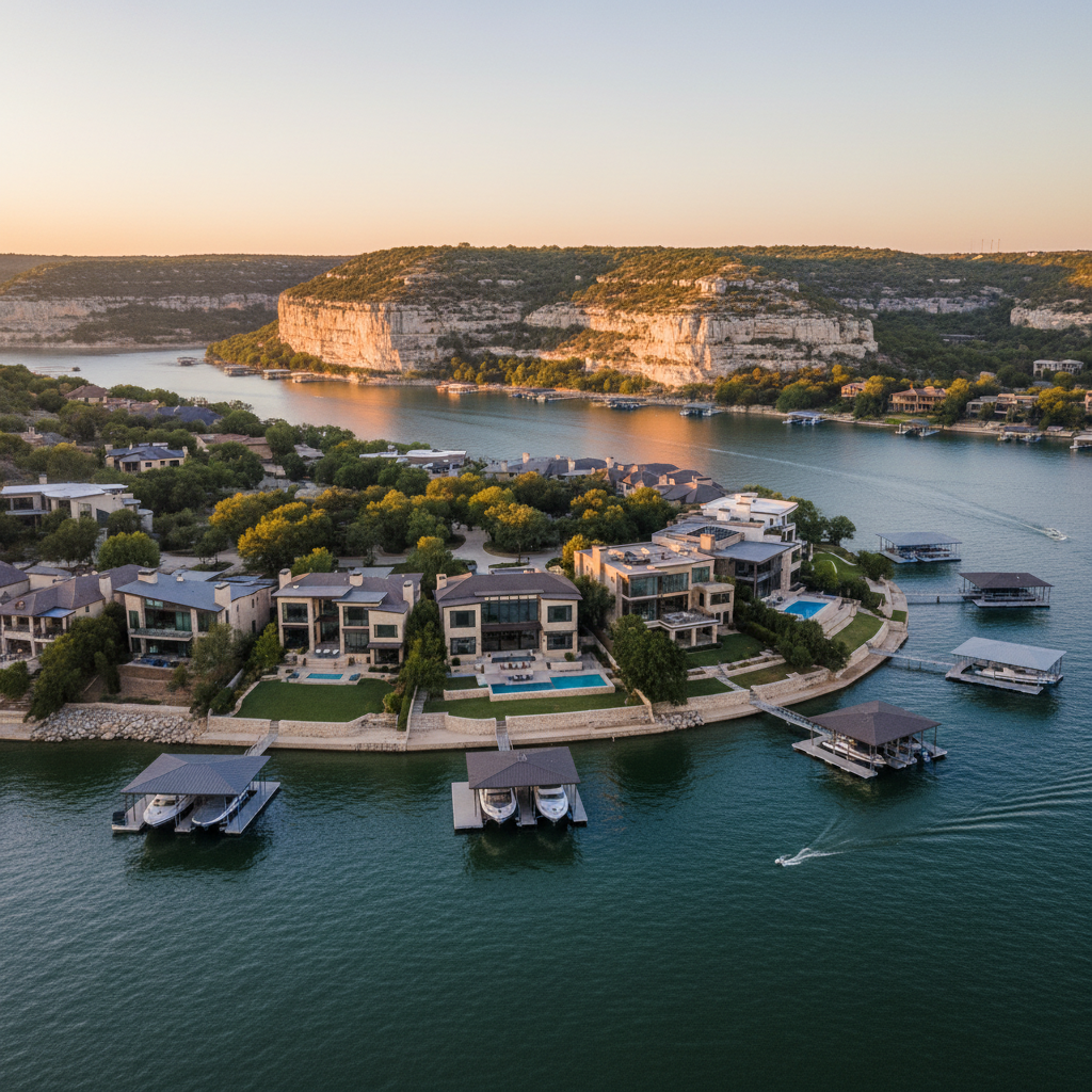 Aerial view of luxury Lake Austin waterfront homes with private boat docks and limestone cliffs
