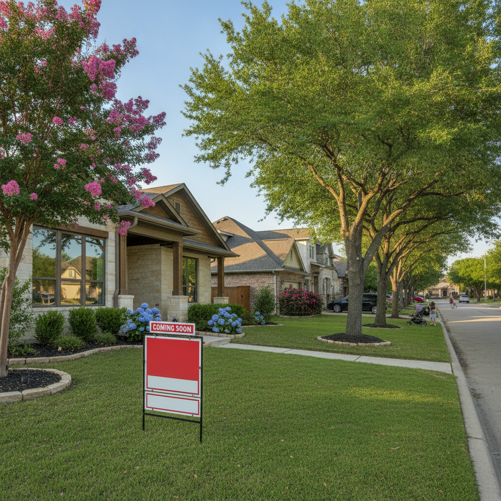 Austin Texas residential neighborhood with for sale sign during peak spring selling season