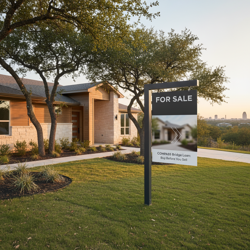 Austin Texas home with for sale sign illustrating Compass Bridge Loan buy-before-you-sell scenario