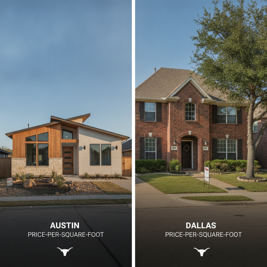 Side-by-side comparison of Austin and Dallas single-family homes showing price-per-square-foot differences