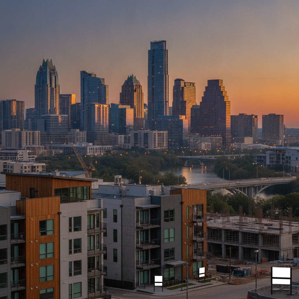 Austin Texas skyline with residential investment properties in foreground showing 2026 real estate market trends