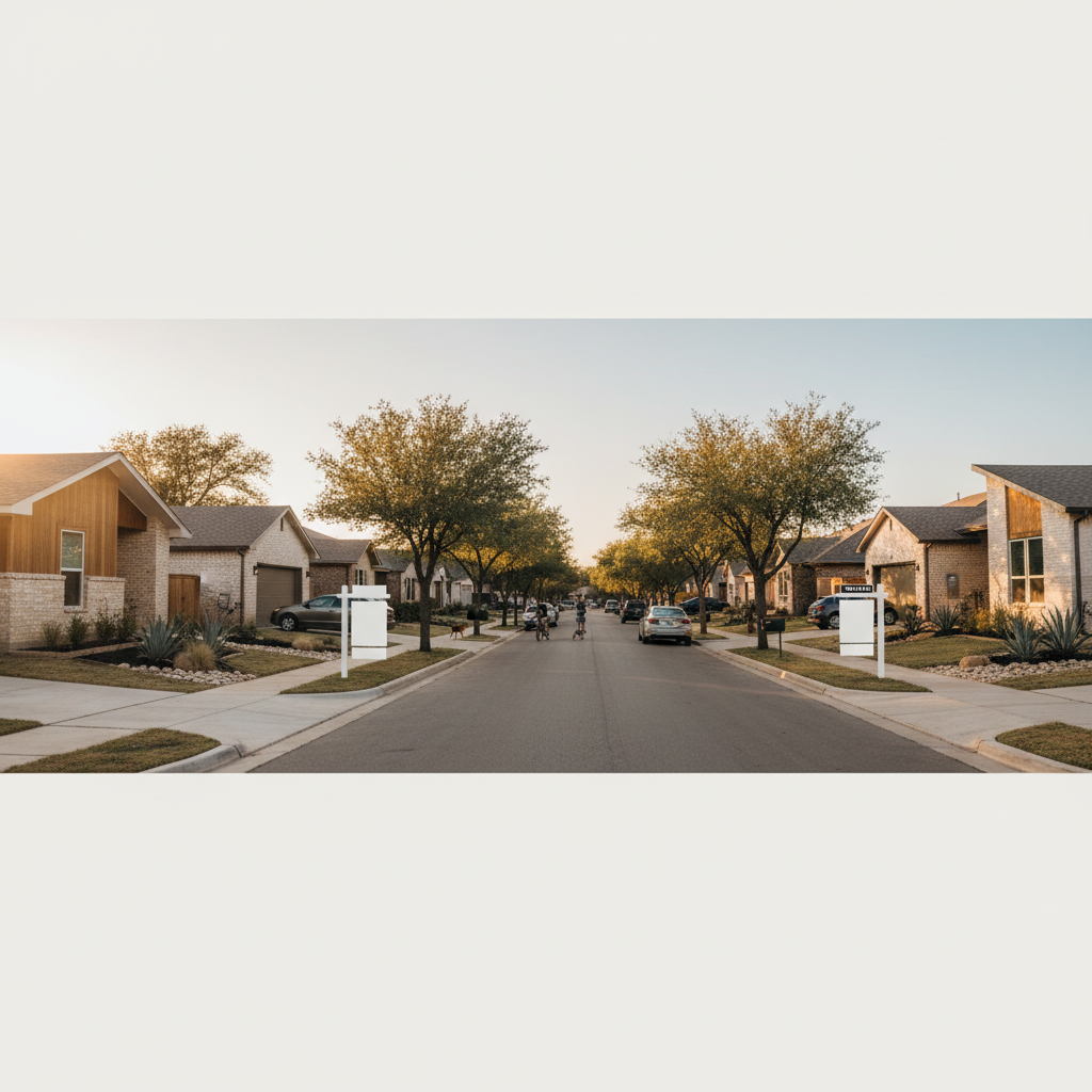 Austin TX neighborhood street showing homes for sale in a balanced real estate market